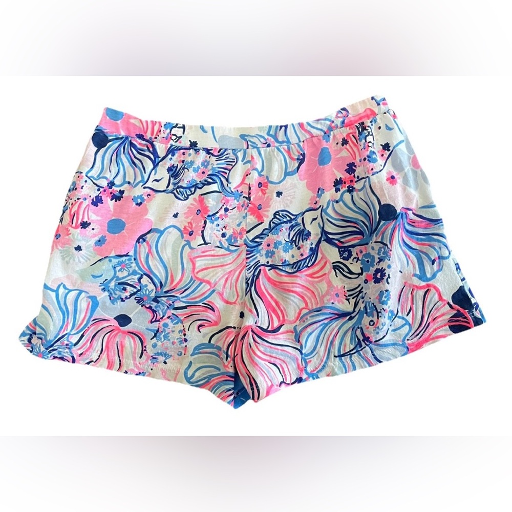 Lilly Pulitzer Girls XL Floral Shorts Pink Blue Tropical Print Pockets - Picture 4 of 7
